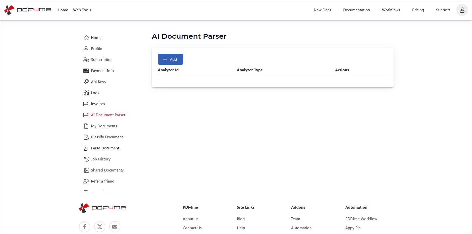 Clicca per ingrandire Pagina del dashboard di PDF4me AI Document Parser con la voce "AI Document Parser" evidenziata in rosso nella barra laterale, pannello principale intitolato "AI Document Parser", un pulsante "Aggiungi" blu e un elenco vuoto con le intestazioni di colonna "ID analizzatore", "Tipo analizzatore" e "Azioni".